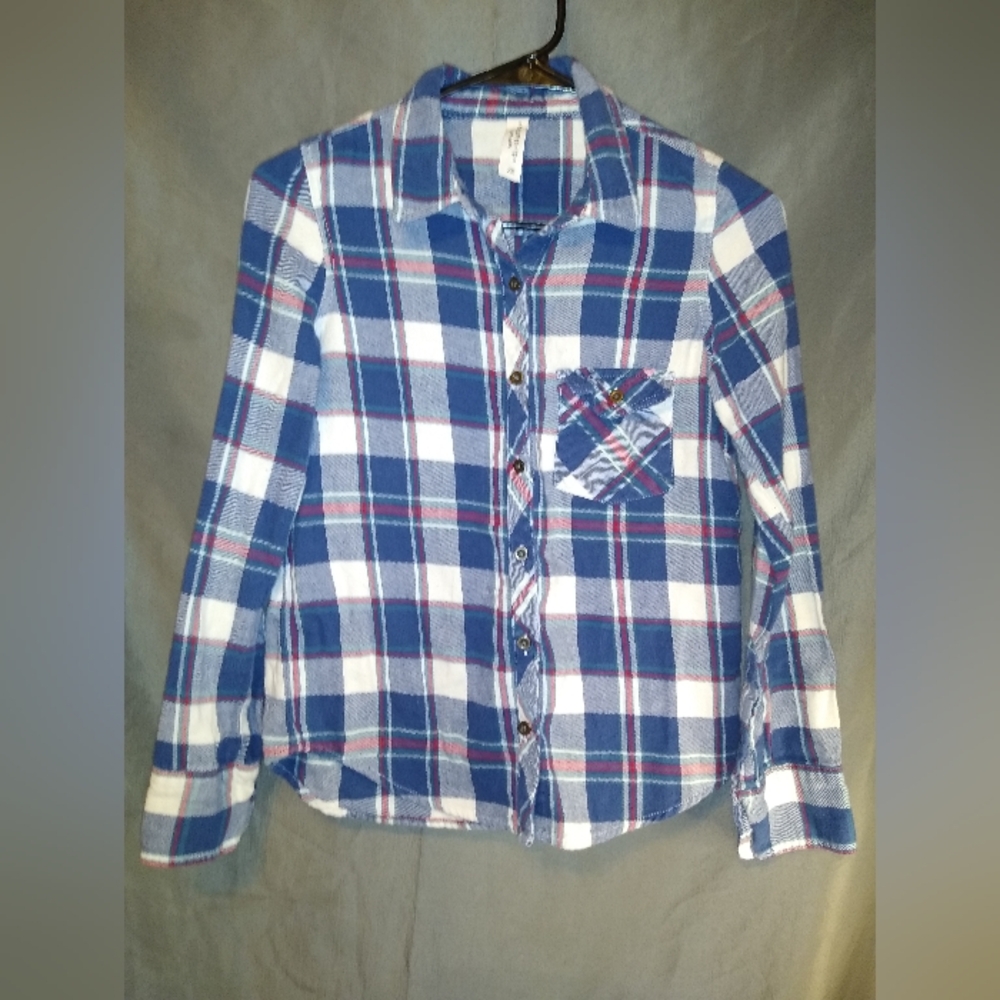 Check & stripe blue & white button down plaid shirt